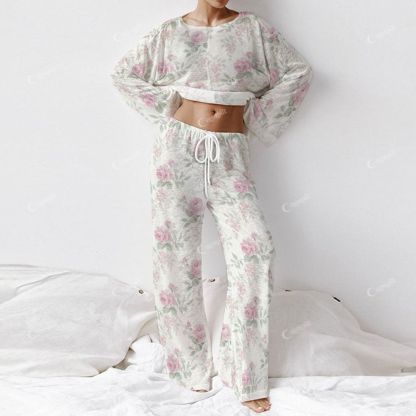 Colordate Women's Pink Rose Print Long Sleeve Cotton Homewear Set