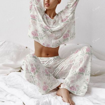 Colordate Women's Pink Rose Print Long Sleeve Cotton Homewear Set