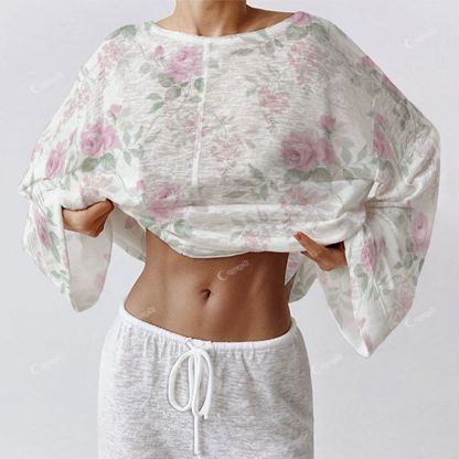 Colordate Women's Pink Rose Print Long Sleeve Cotton Homewear Set