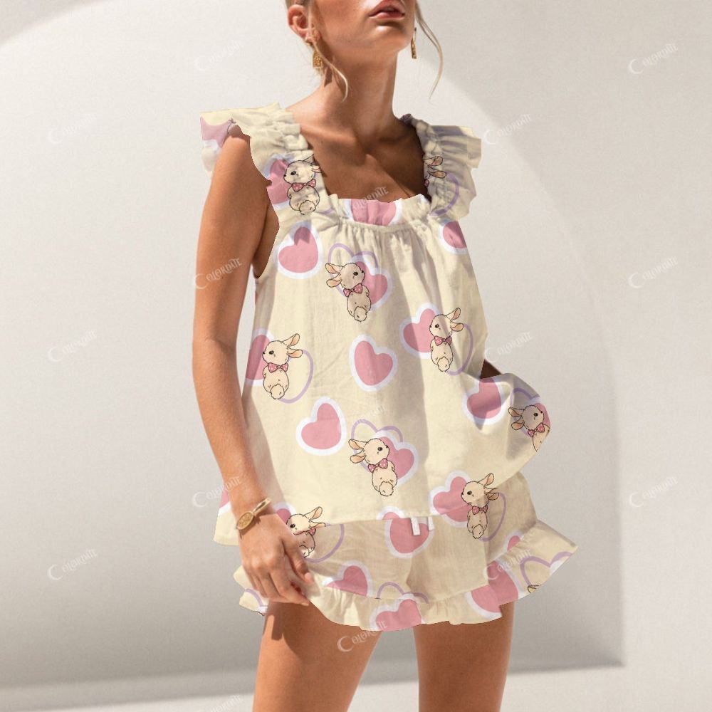 Colordate Heart And Rabbit Prints Short Tank Top Shorts Pajama Set