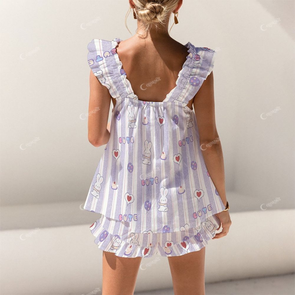 Colordate Cute Rabbit Print Short Tank Top Shorts Pajama Set