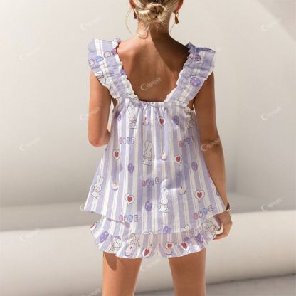 Colordate Cute Rabbit Print Short Tank Top Shorts Pajama Set