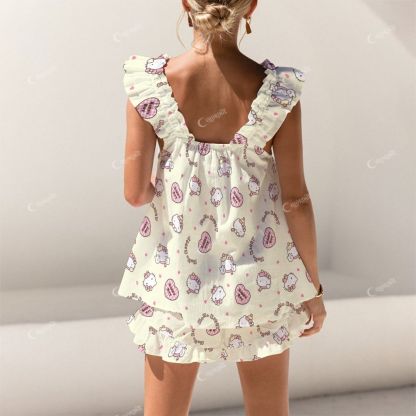 Colordate Cute Cat Print Short Tank Top Shorts Pajama Set