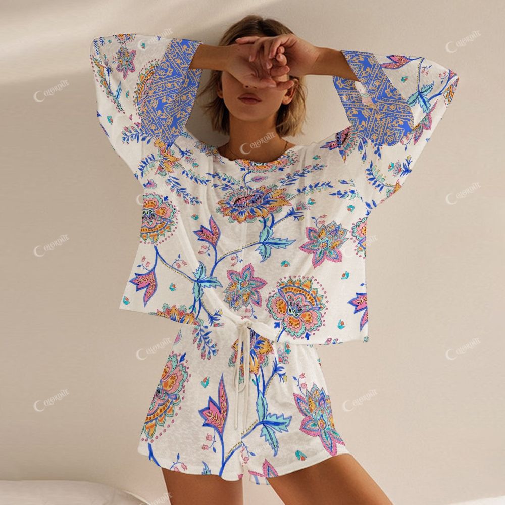 Colordate Women's Colorful Floral Print Long Sleeve Shorts Set