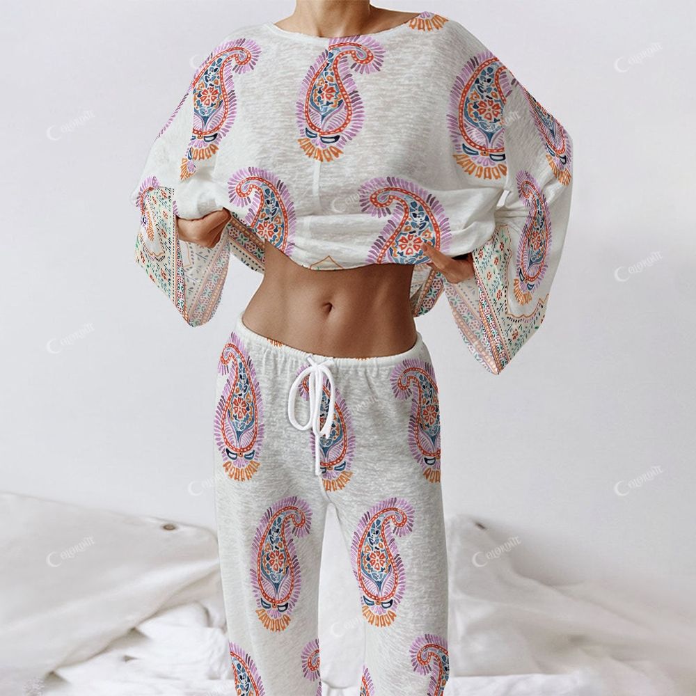 Colordate Women's Paisley Pattern Print Long Sleeve Cotton Homewear Set