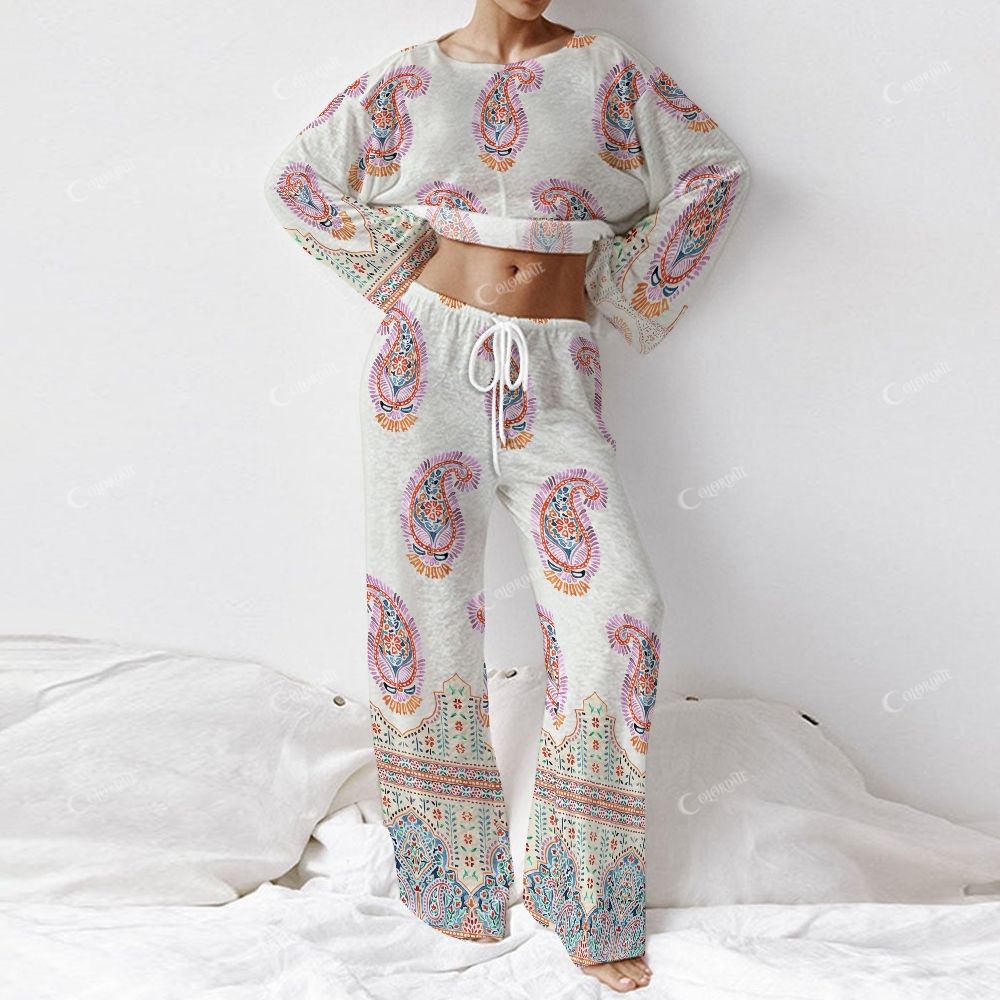 Colordate Women's Paisley Pattern Print Long Sleeve Cotton Homewear Set