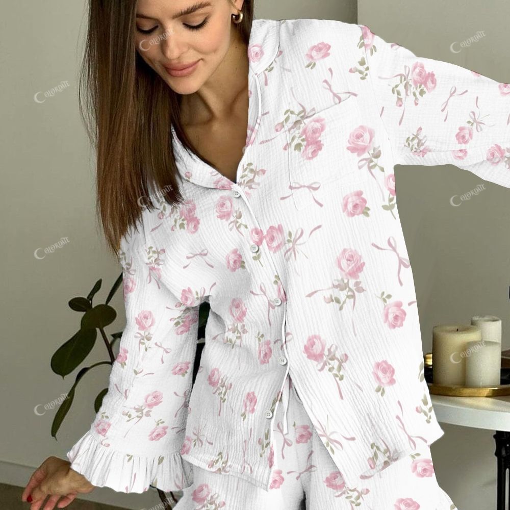 Floral Reverie Women's Vintage  Fresh Rose Printed Linen Cotton Suit