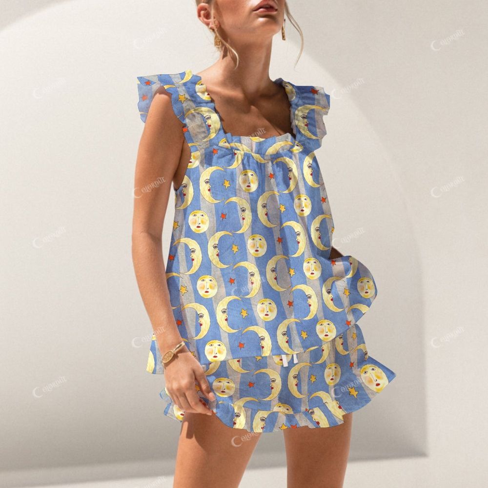 Colordate Sun And Moon Print Short Tank Top Shorts Pajama Set