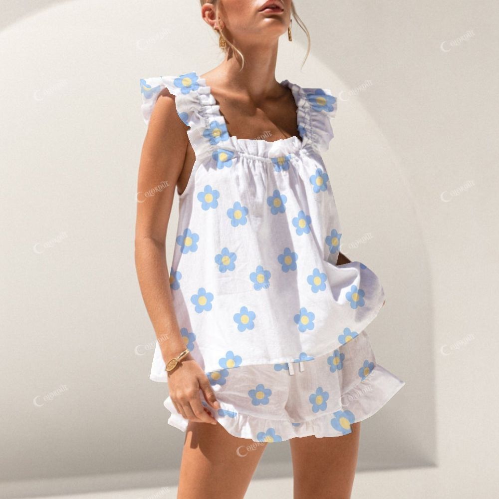 Colordate Blue Flower Print Short Tank Top Shorts Pajama Set