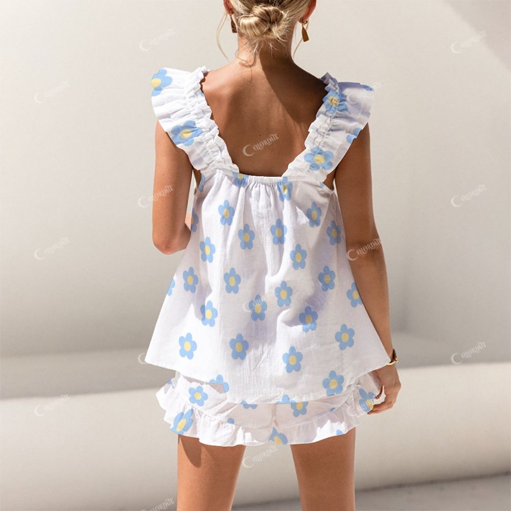 Colordate Blue Flower Print Short Tank Top Shorts Pajama Set
