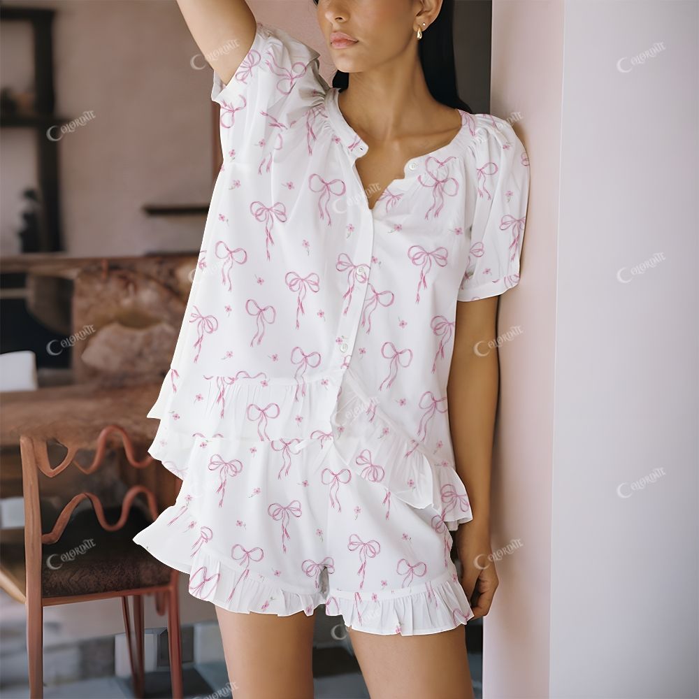 Colordate Pink Bow And Flower Print Short Pajama Set