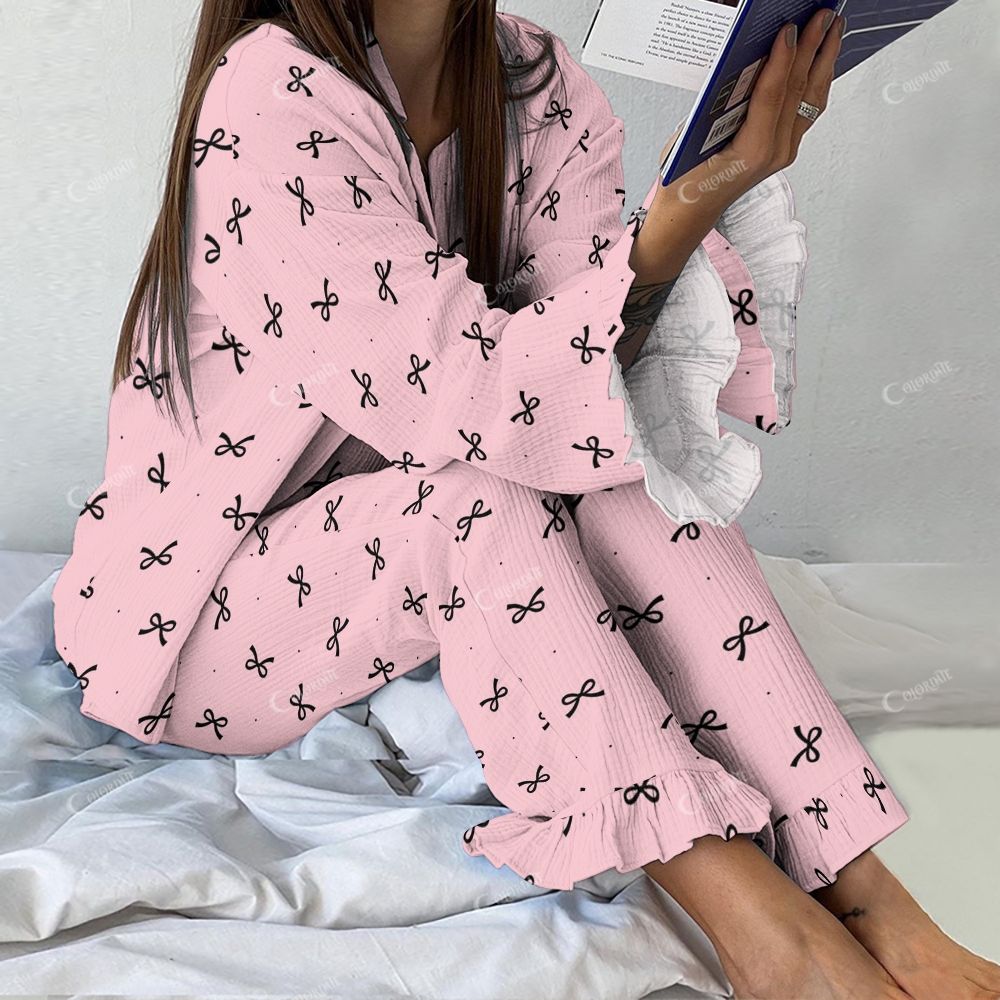 Colordate Women's Black Bow Vintage Printed Linen Cotton Suit