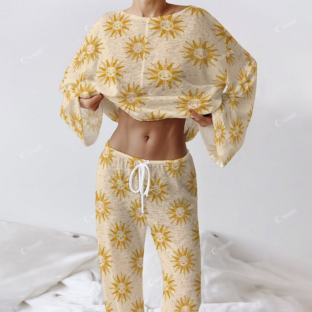 Colordate Women's Sun Print Long Sleeve Cotton Homewear Set