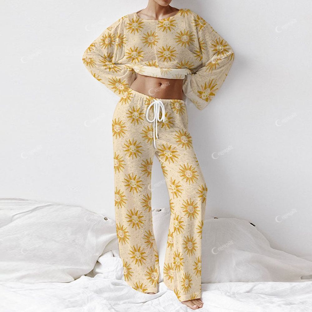 Colordate Women's Sun Print Long Sleeve Cotton Homewear Set