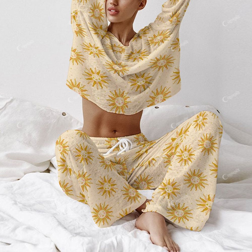 Colordate Women's Sun Print Long Sleeve Cotton Homewear Set