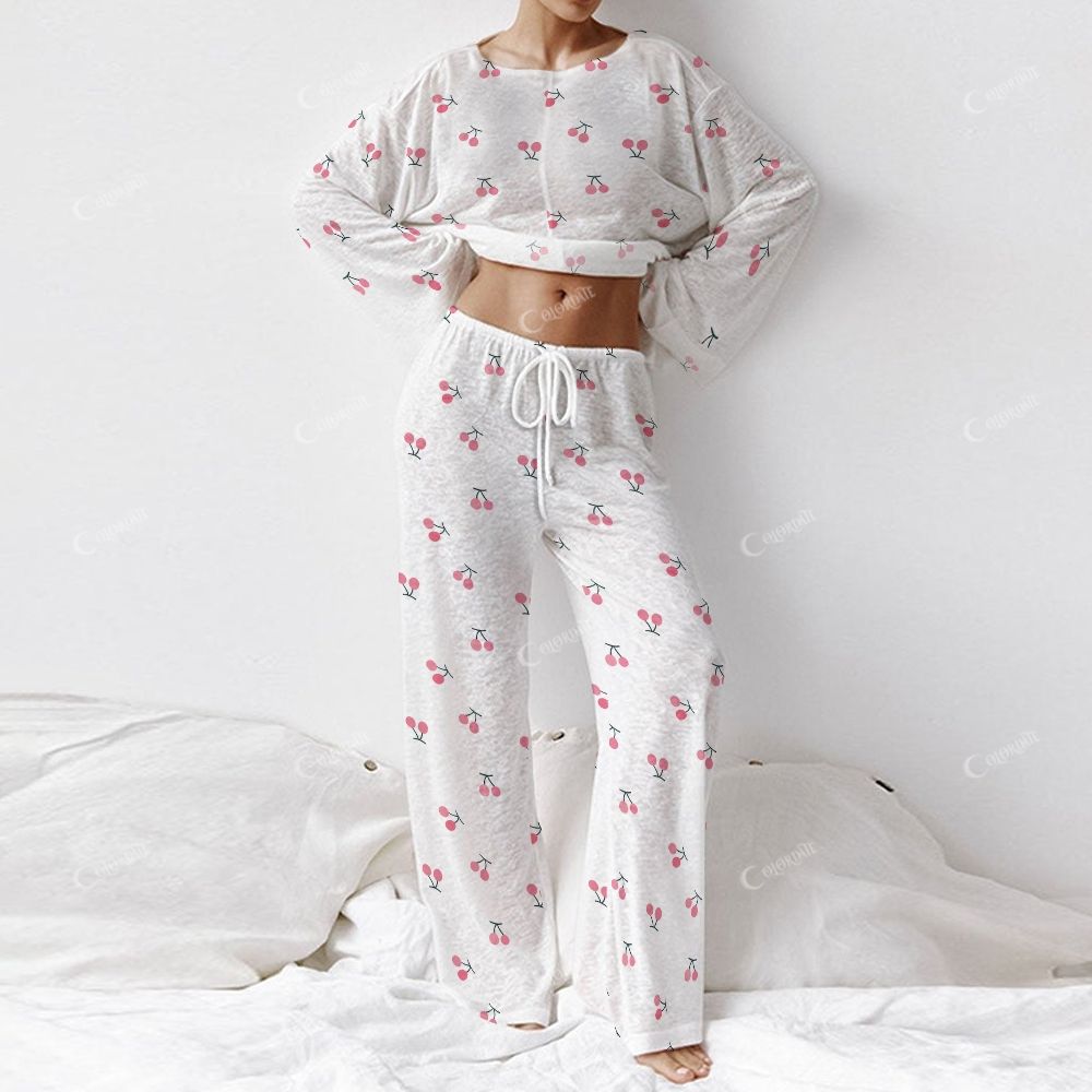 Colordate Women's Cherry Print Long Sleeve Cotton Homewear Set