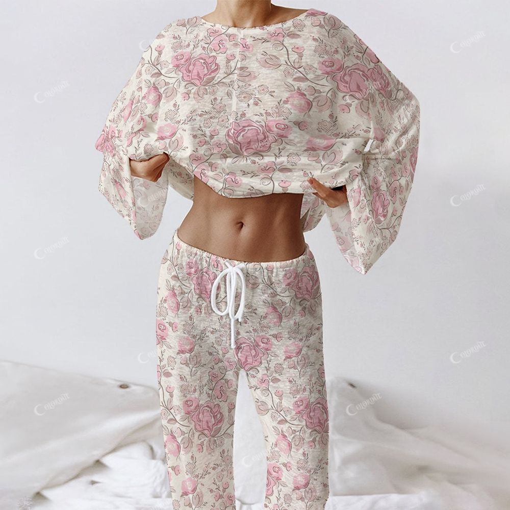 Colordate Women's Pink Flower Print Long Sleeve Cotton Homewear Set