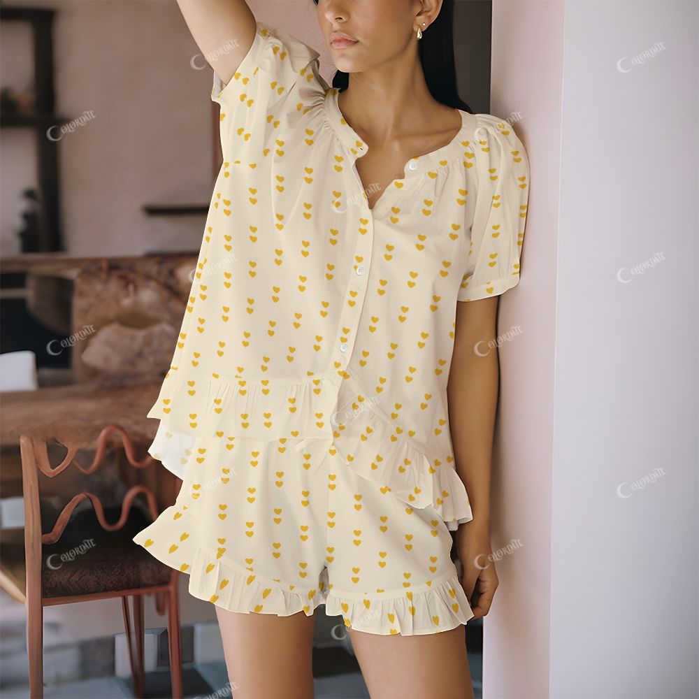 Colordate Sunshine Hearts Yellow Heart-Shaped Print Short Pajama Set