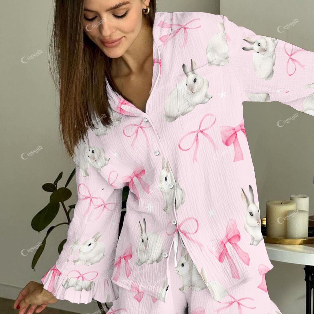 Sugar Bunny Women's Vintage Pink Bunny Printed Linen Cotton Suit