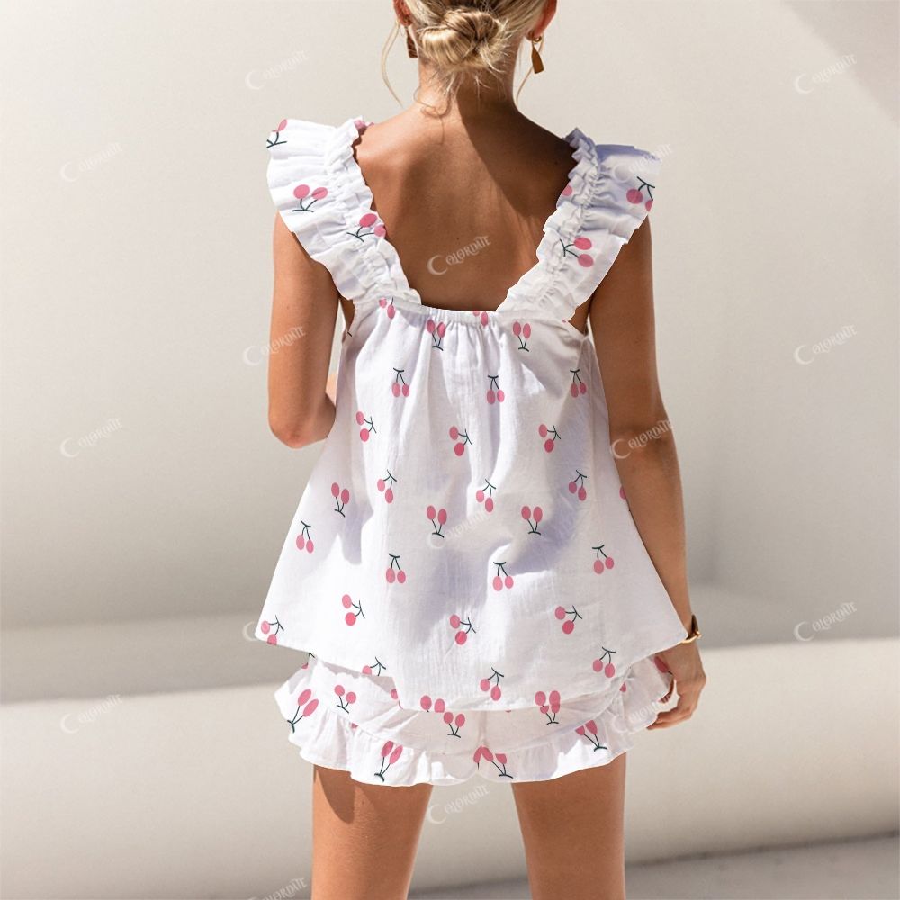Colordate Cherry Print Short Tank Top Shorts Pajama Set