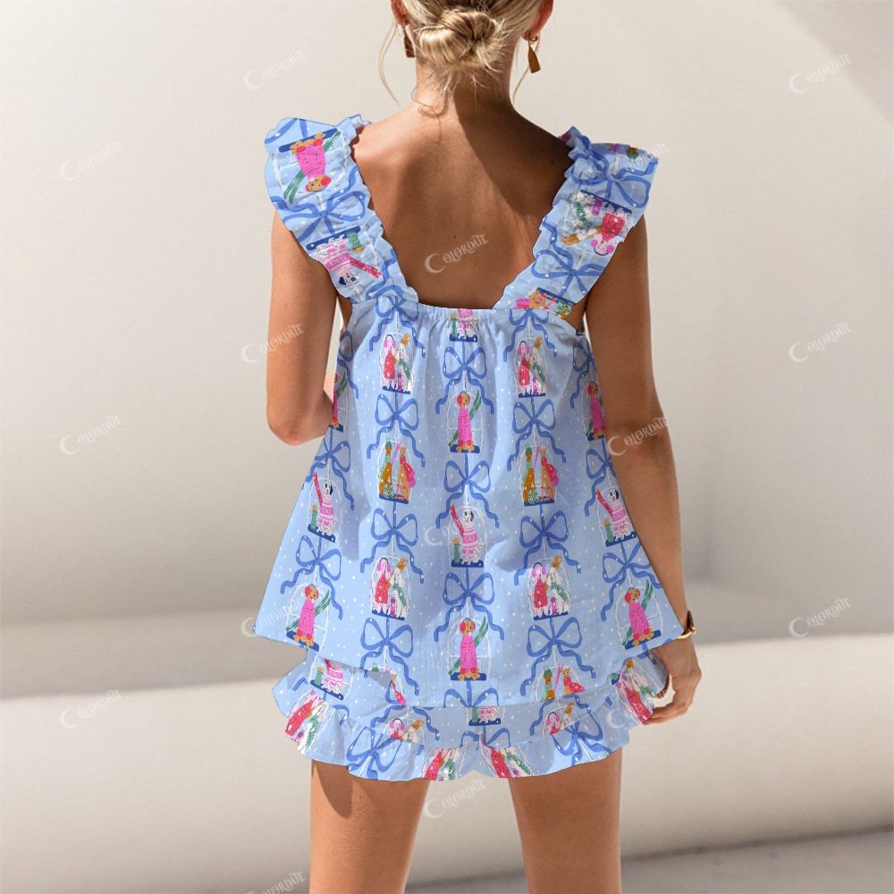Colordate Cute Puppy Print Short Tank Top Shorts Pajama Set