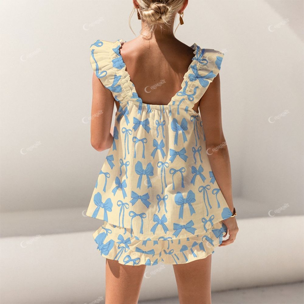 Colordate Blue Bow Print Short Tank Top Shorts Pajama Set