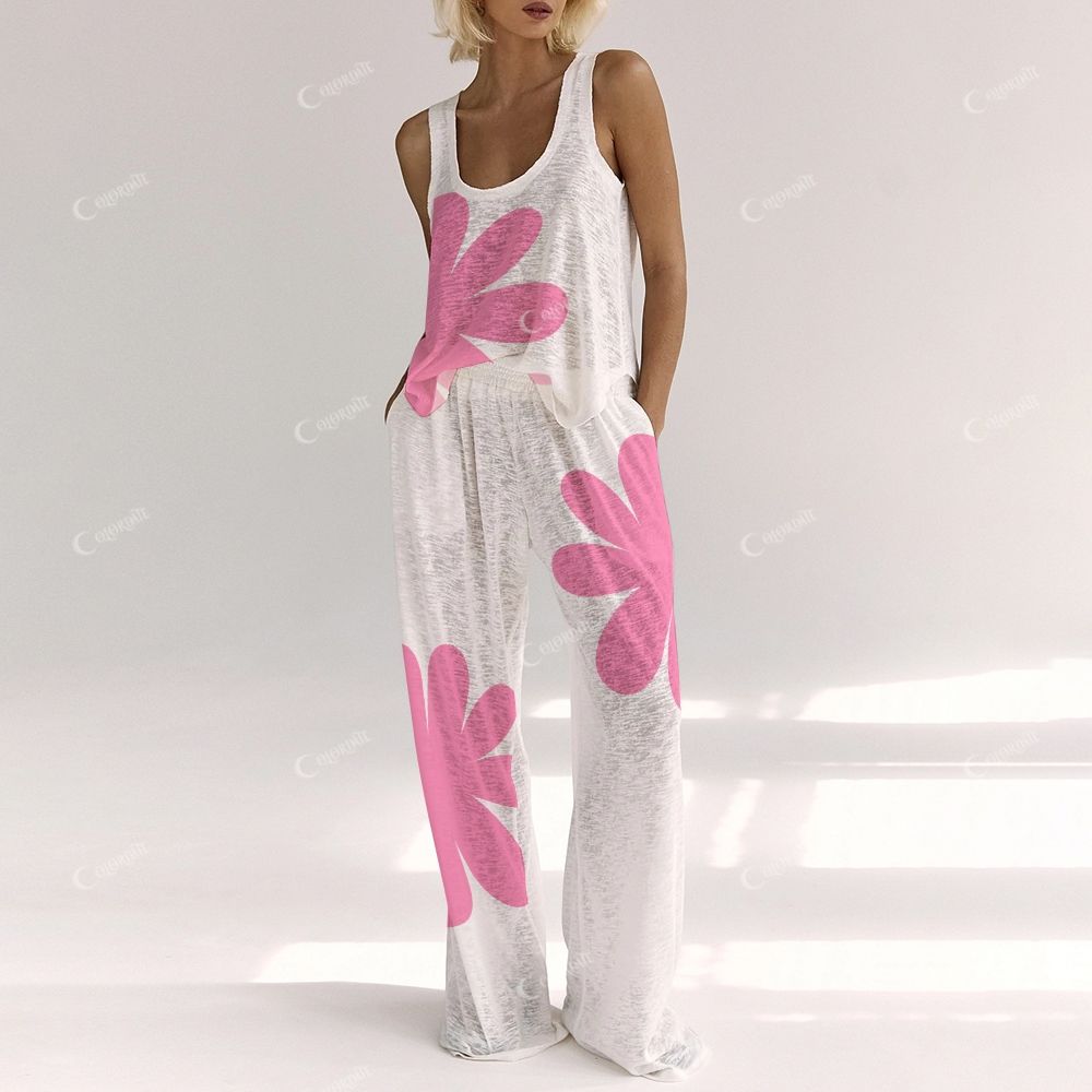 Colordate Women's Pink Flower Print Vest and Pants Set