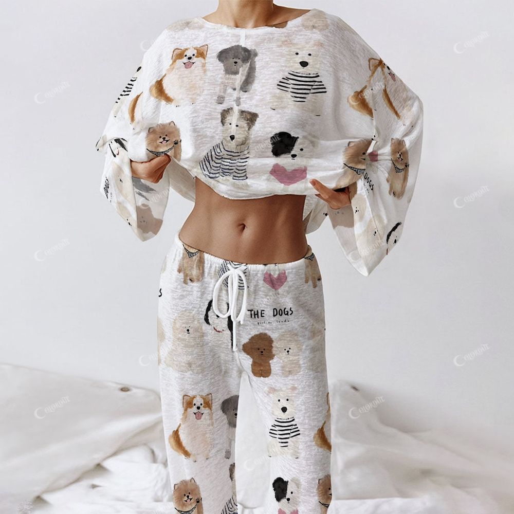 Colordate Women's Dog Print Long Sleeve Cotton Homewear Set
