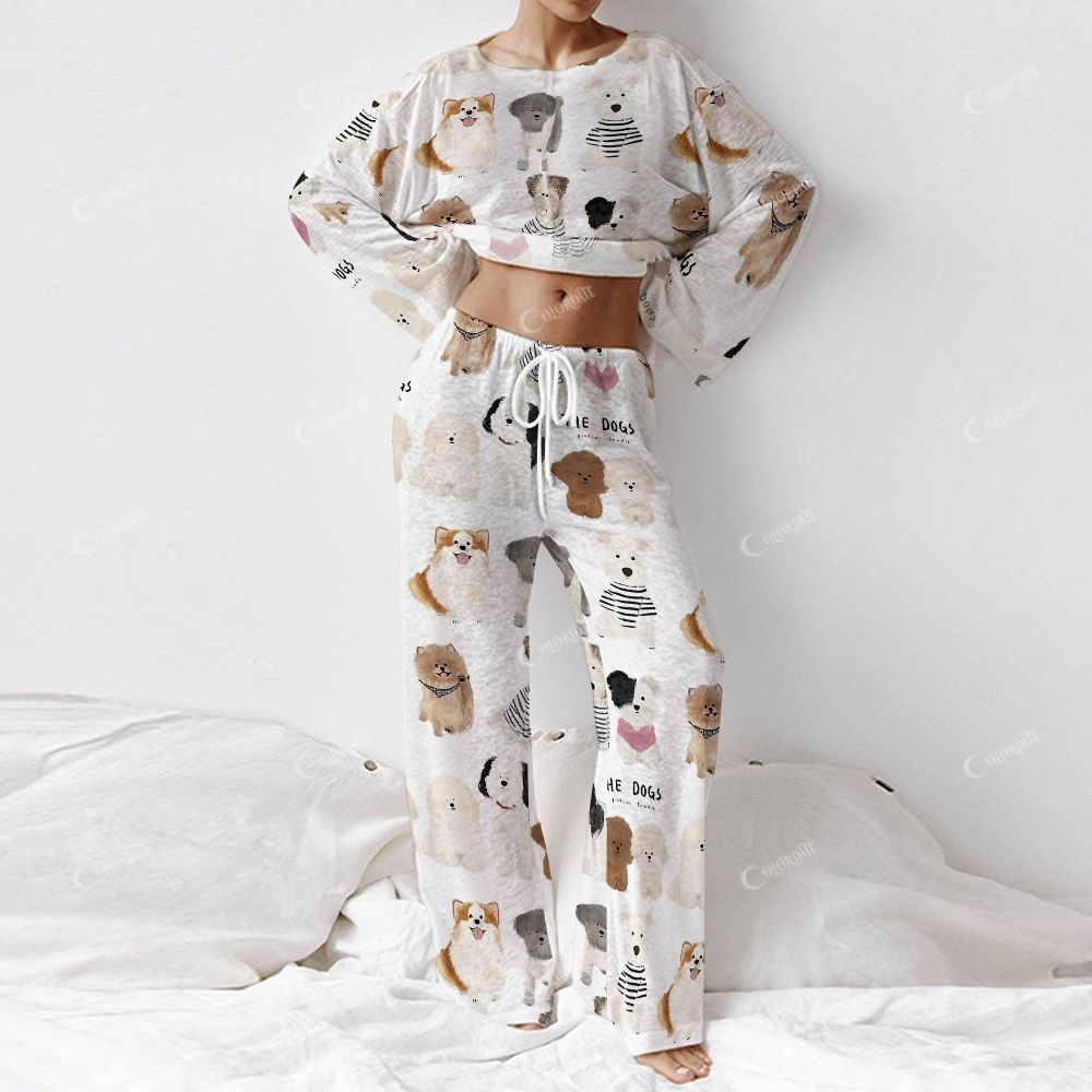 Colordate Women's Dog Print Long Sleeve Cotton Homewear Set