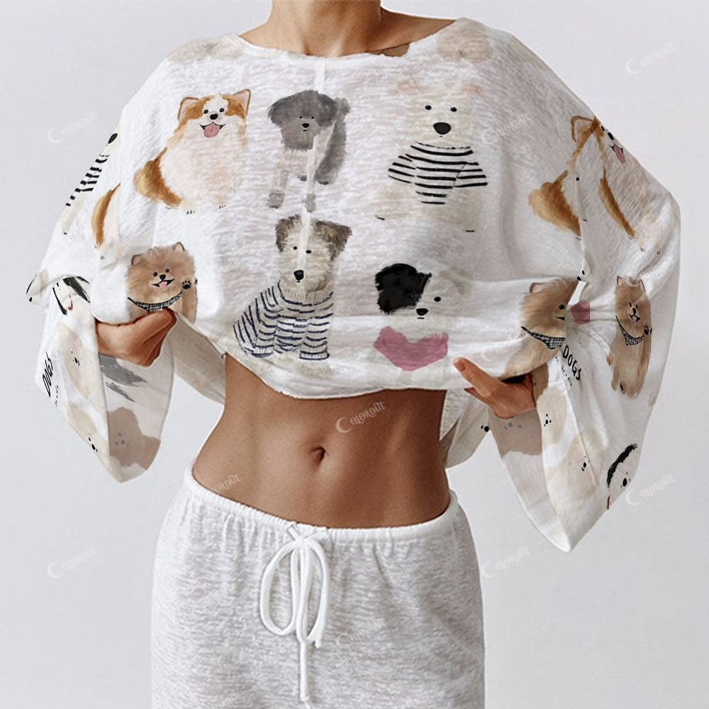 Colordate Women's Dog Print Long Sleeve Cotton Homewear Set