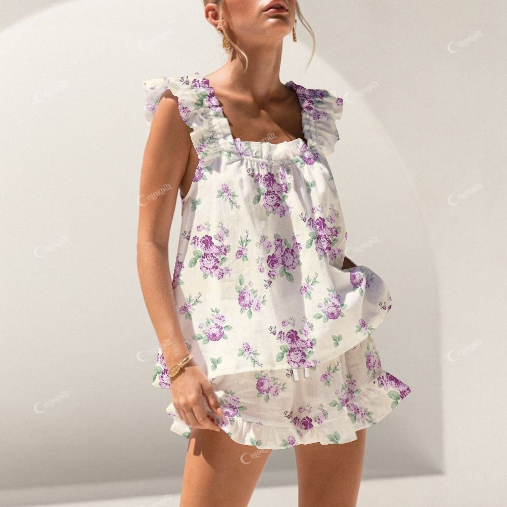 Colordate Purple Floral Print Short Tank Top Shorts Pajama Set