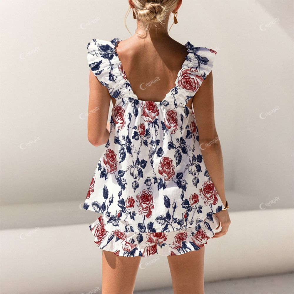 Colordate Red Rose Print Short Tank Top Shorts Pajama Set