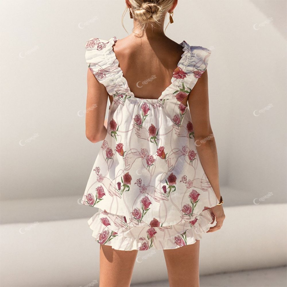 Colordate Velvet Thorn Hand And Rose Print Short Tank Top Shorts Pajama Set