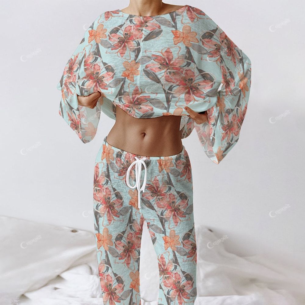 Colordate Women's Flower Print Long Sleeve Cotton Homewear Set