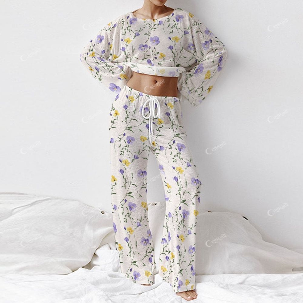 Colordate Women's Purple And Yellow Floral Prints Long Sleeve Cotton Homewear Set