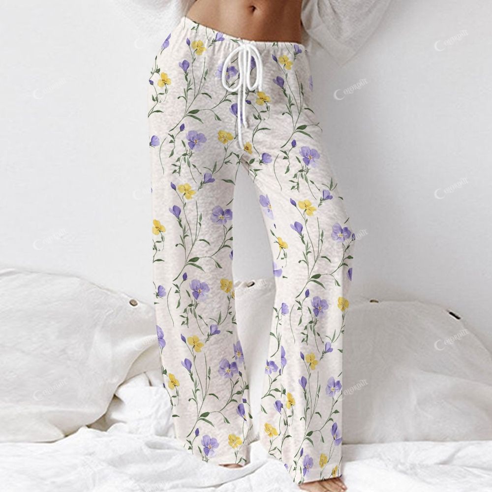 Colordate Women's Purple And Yellow Floral Prints Long Sleeve Cotton Homewear Set