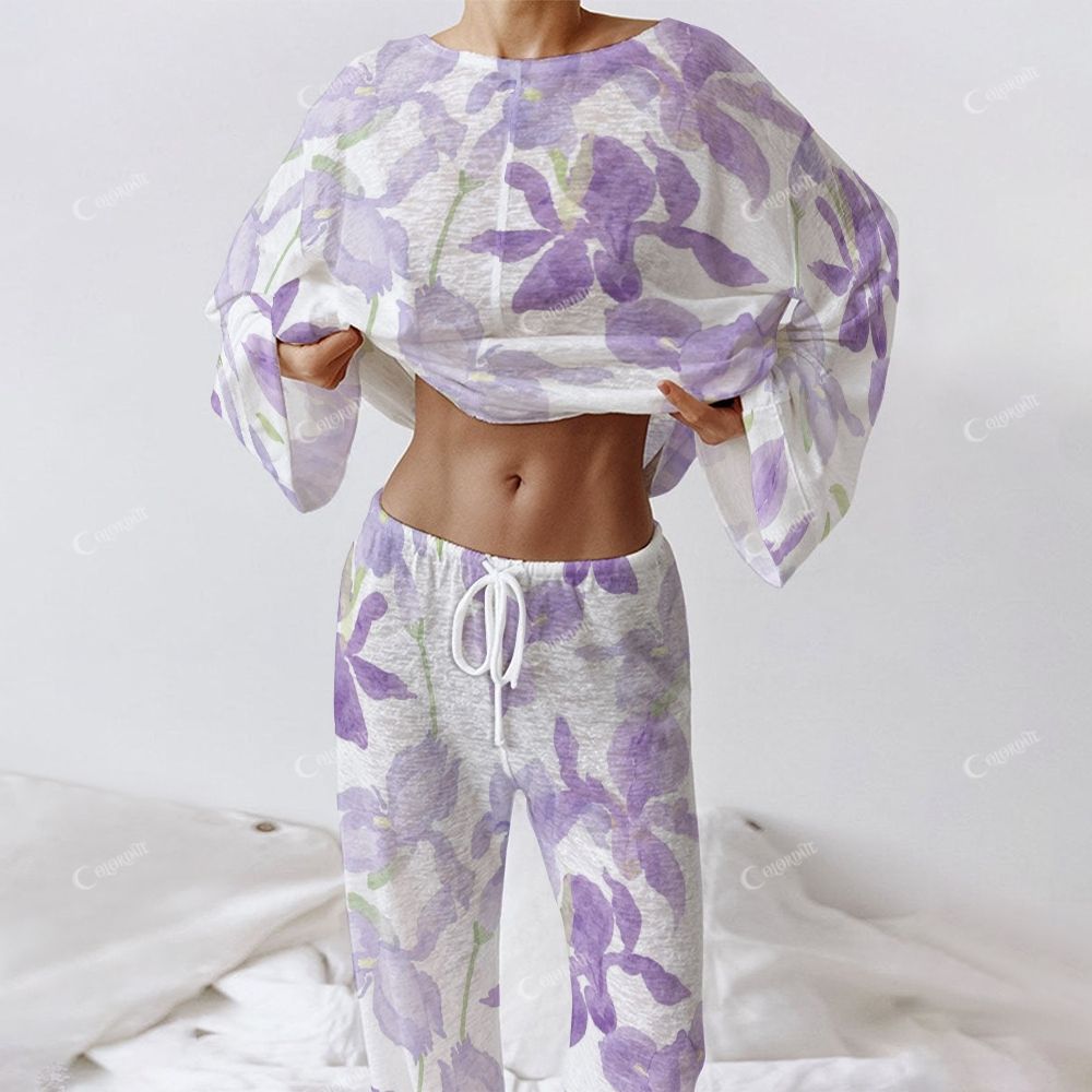Colordate Women's Purple Flower Print Long Sleeve Cotton Homewear Set