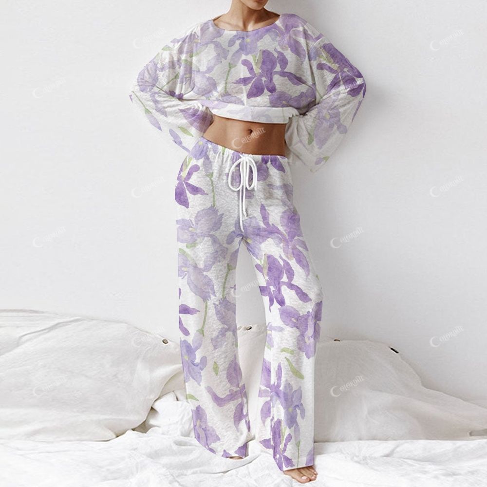 Colordate Women's Purple Flower Print Long Sleeve Cotton Homewear Set