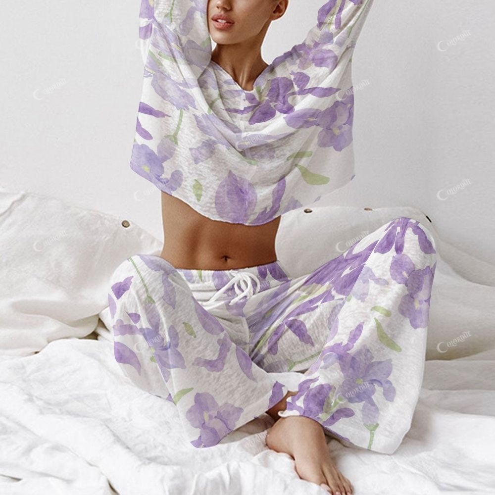 Colordate Women's Purple Flower Print Long Sleeve Cotton Homewear Set