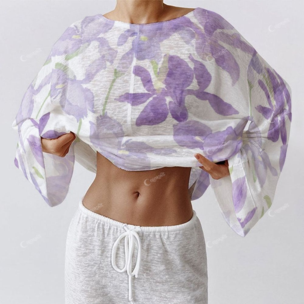Colordate Women's Purple Flower Print Long Sleeve Cotton Homewear Set
