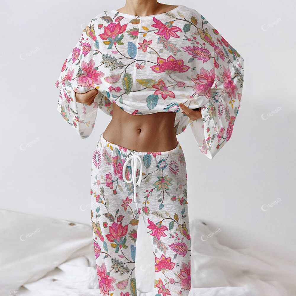 Colordate Women's Rose Red Floral Print Long Sleeve Cotton Homewear Set