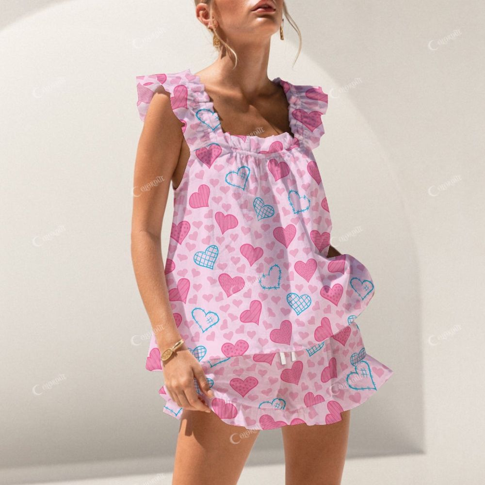Colordate Dual Pulse Pink And Blue Bow Print Short Tank Top Shorts Pajama Set