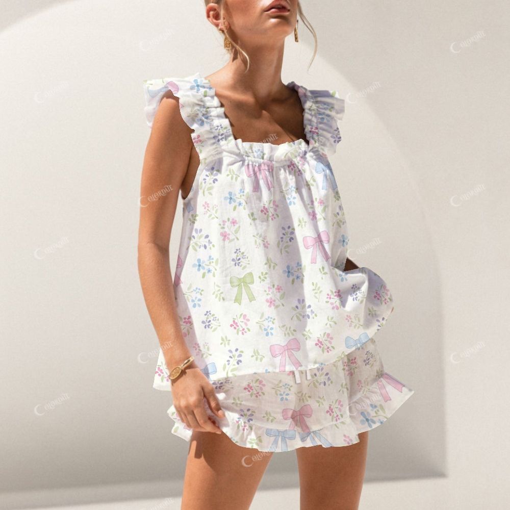 Colordate Tied Blossoms Colorful Bows And Floral Prints Short Tank Top Shorts Pajama Set