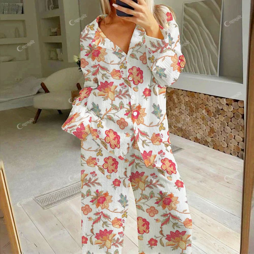 Colordate Kaleido Bloom Women's Orange And Rose Red Flowers Print Cotton Cardigan Homewear Set