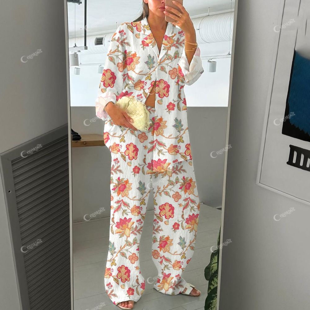 Colordate Kaleido Bloom Women's Orange And Rose Red Flowers Print Cotton Cardigan Homewear Set