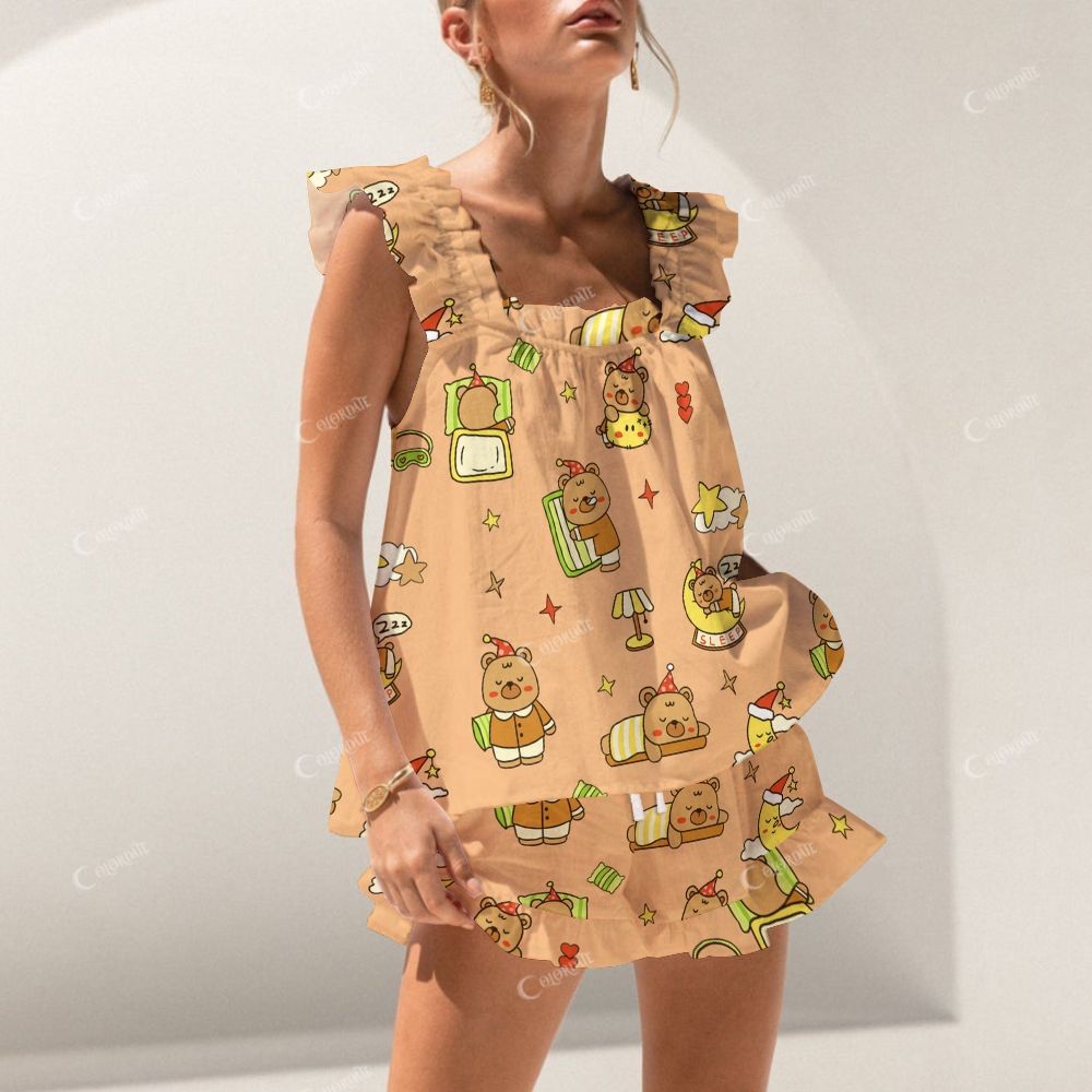 Colordate Cute Bear Print Short Tank Top Shorts Pajama Set