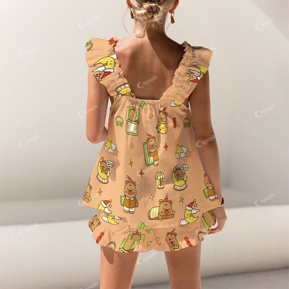 Colordate Cute Bear Print Short Tank Top Shorts Pajama Set