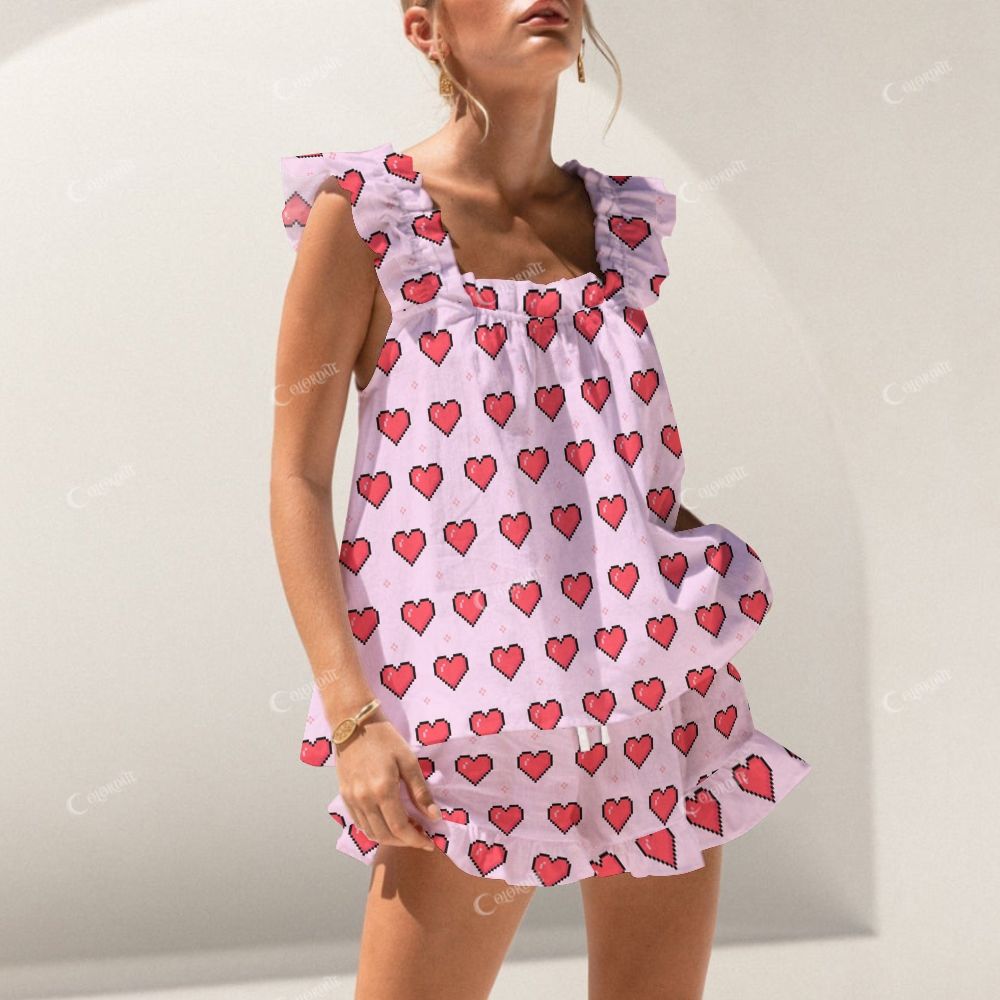 Colordate Red Heart Print Short Tank Top Shorts Pajama Set