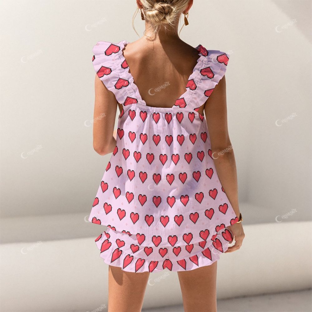Colordate Red Heart Print Short Tank Top Shorts Pajama Set