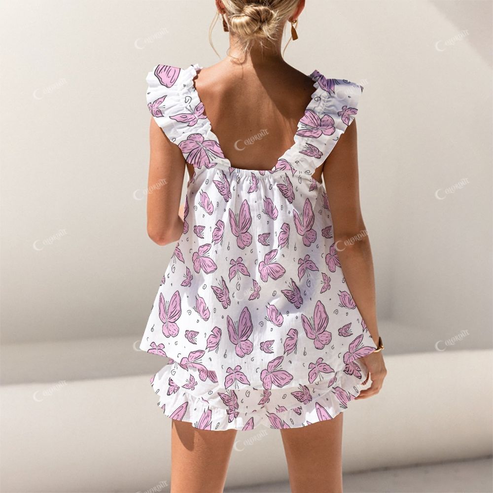 Colordate Pink Butterfly Print Short Tank Top Shorts Pajama Set
